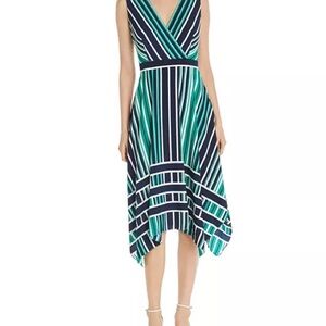 Karl Lagerfeld Paris Sleeveless Striped Handkerchief-Hem Dress Green BlackV-Neck